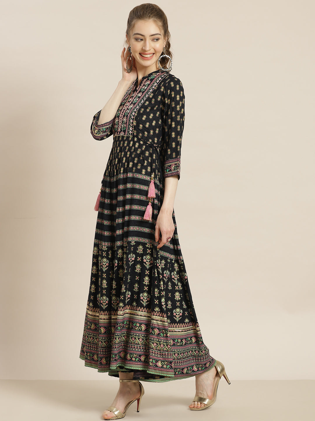 Juniper Womens Dark Blue Foil Printed Circular Maxi Dress With Yoke Embroidery | Grocsy