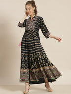 Juniper Womens Dark Blue Foil Printed Circular Maxi Dress With Yoke Embroidery | Grocsy