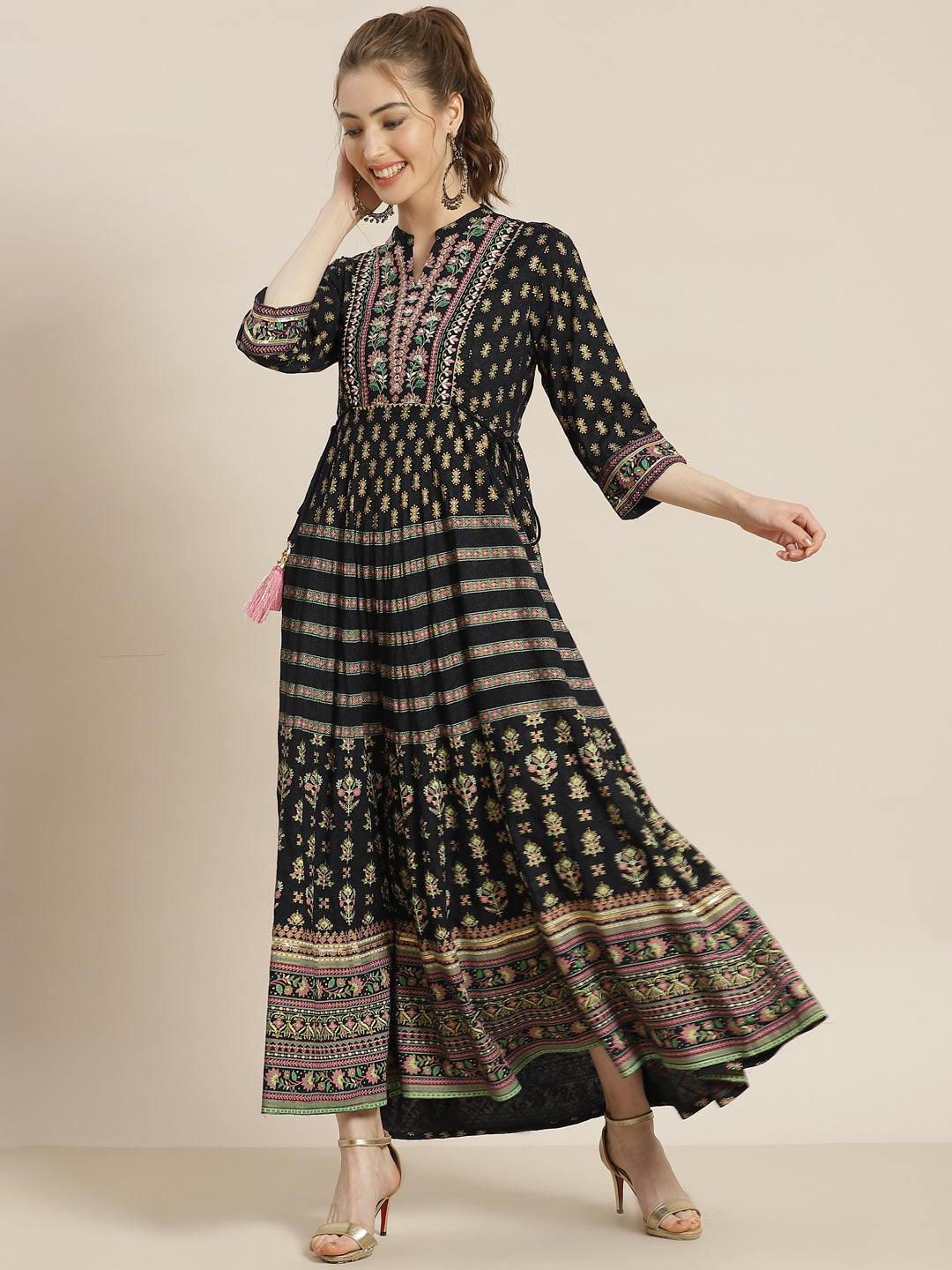 Juniper Womens Dark Blue Foil Printed Circular Maxi Dress With Yoke Embroidery | Grocsy