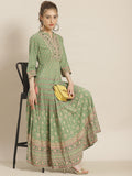 Juniper Womens Pistagreen Foil Printed Circular Maxi Dress With Yoke Embroidery | Grocsy