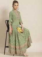 Juniper Womens Pistagreen Foil Printed Circular Maxi Dress With Yoke Embroidery | Grocsy