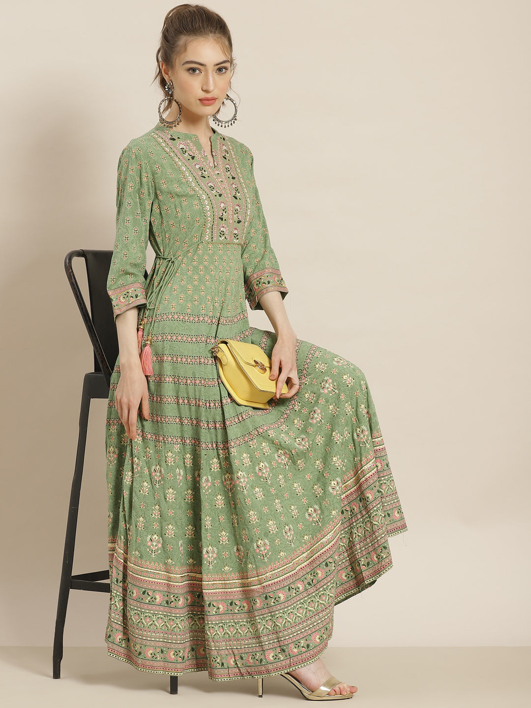 Juniper Womens Pistagreen Foil Printed Circular Maxi Dress With Yoke Embroidery | Grocsy