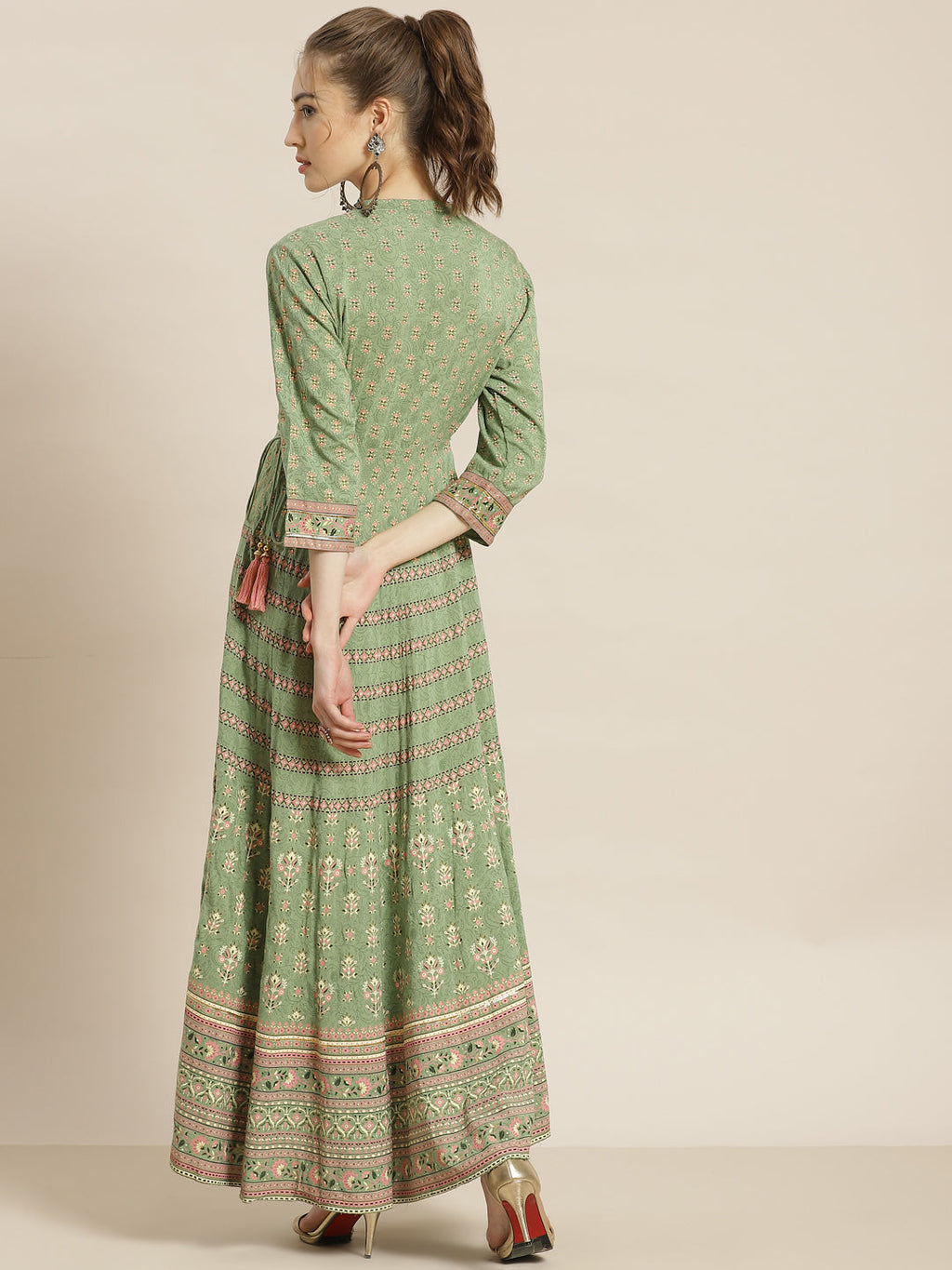 Juniper Womens Pistagreen Foil Printed Circular Maxi Dress With Yoke Embroidery | Grocsy