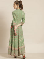 Juniper Womens Pistagreen Foil Printed Circular Maxi Dress With Yoke Embroidery | Grocsy