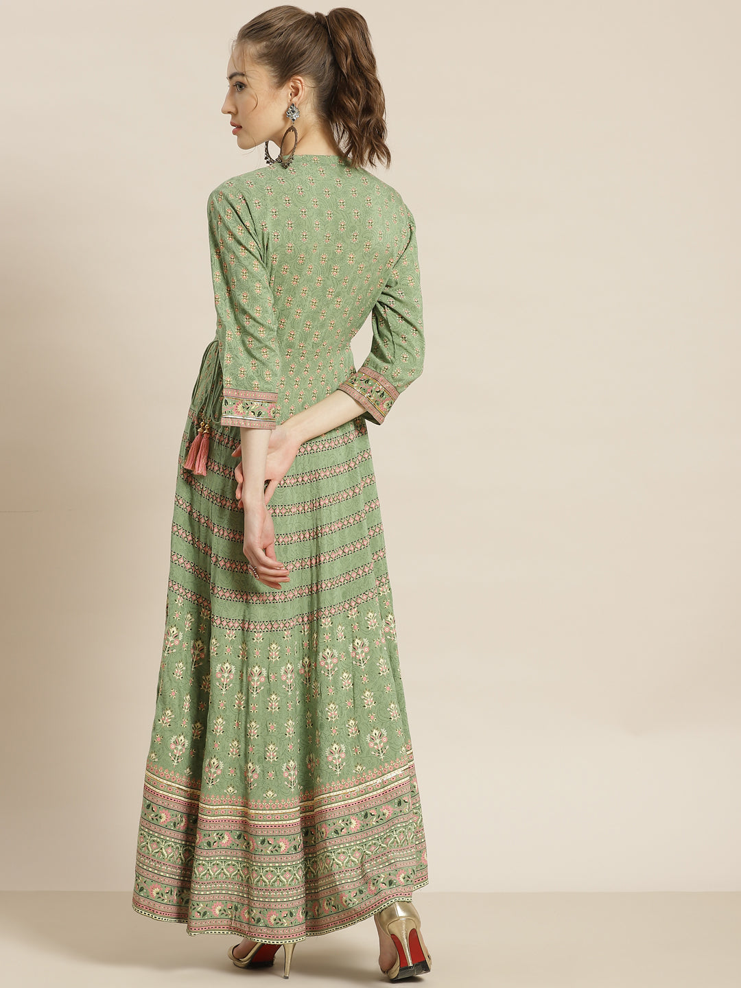 Juniper Womens Pistagreen Foil Printed Circular Maxi Dress With Yoke Embroidery | Grocsy