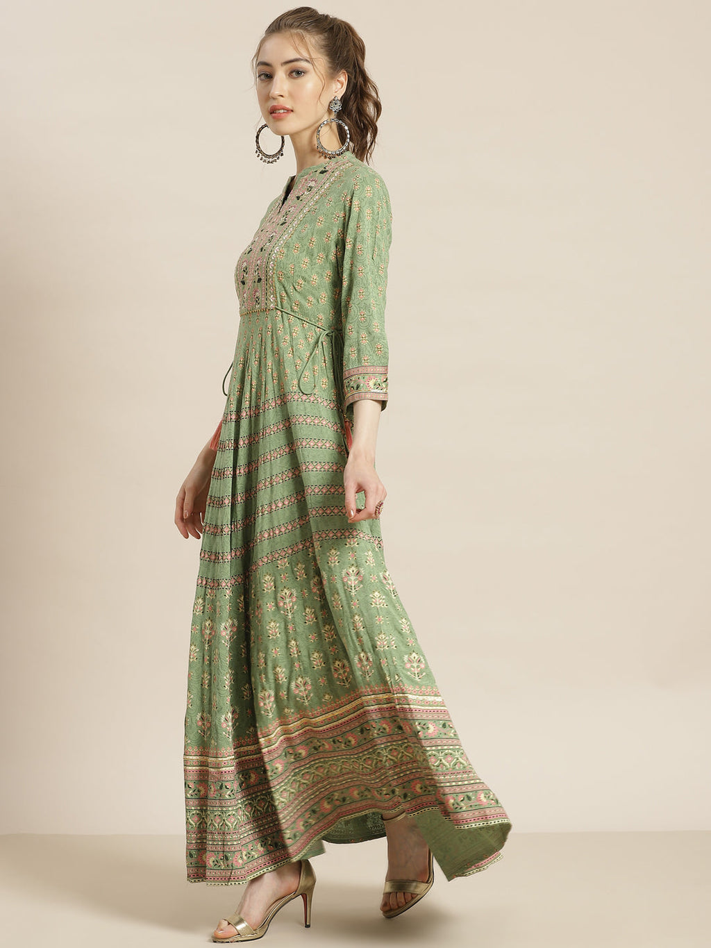 Juniper Womens Pistagreen Foil Printed Circular Maxi Dress With Yoke Embroidery | Grocsy