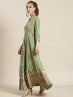 Juniper Womens Pistagreen Foil Printed Circular Maxi Dress With Yoke Embroidery | Grocsy