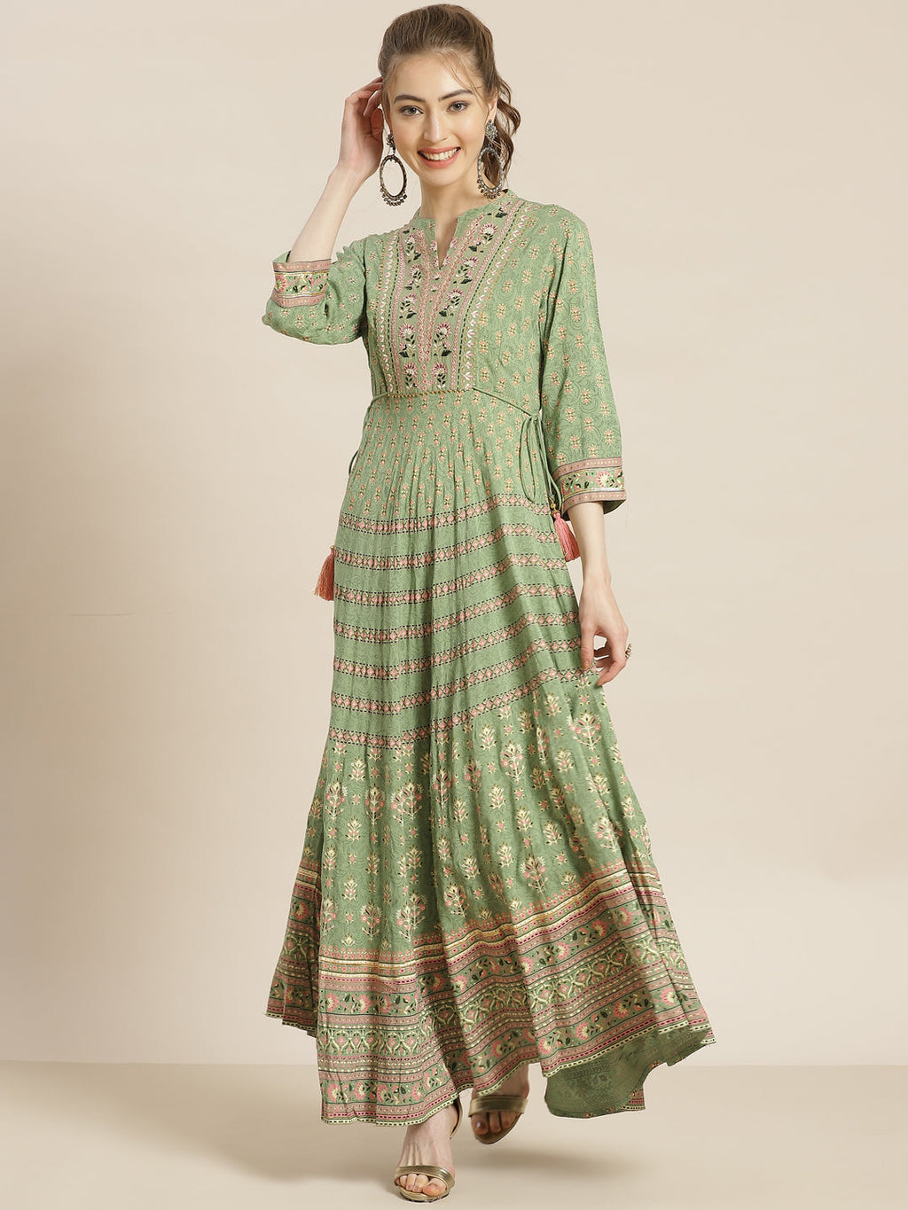 Juniper Womens Pistagreen Foil Printed Circular Maxi Dress With Yoke Embroidery | Grocsy
