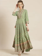 Juniper Womens Pistagreen Foil Printed Circular Maxi Dress With Yoke Embroidery | Grocsy