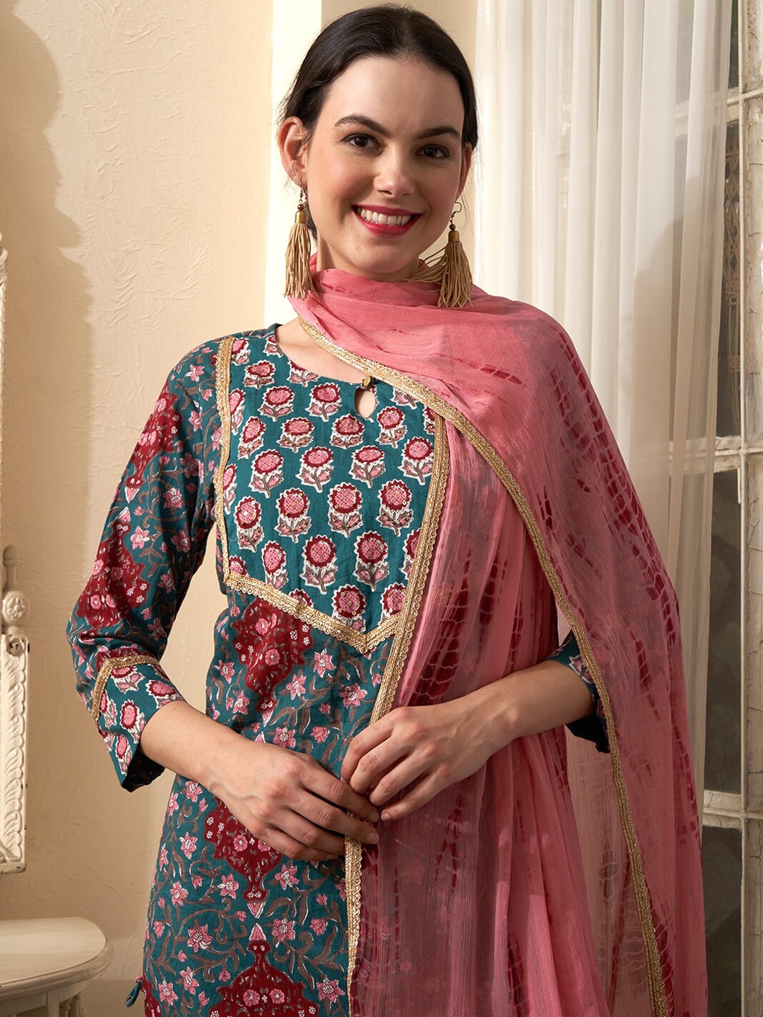 Sangria Teal Blue Floral Printed Gotta Patti Pure Cotton Kurta With Trousers & Dupatta | Grocsy