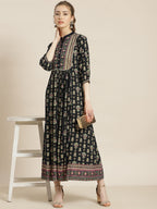 Juniper Womens Dark Blue Rayon Foil Printed Maxi Dress With Puff Sleeves And Button Closure | Grocsy