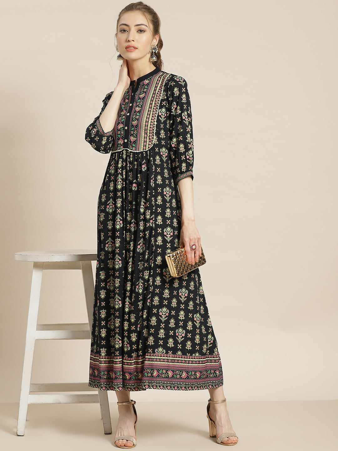 Juniper Womens Dark Blue Rayon Foil Printed Maxi Dress With Puff Sleeves And Button Closure | Grocsy