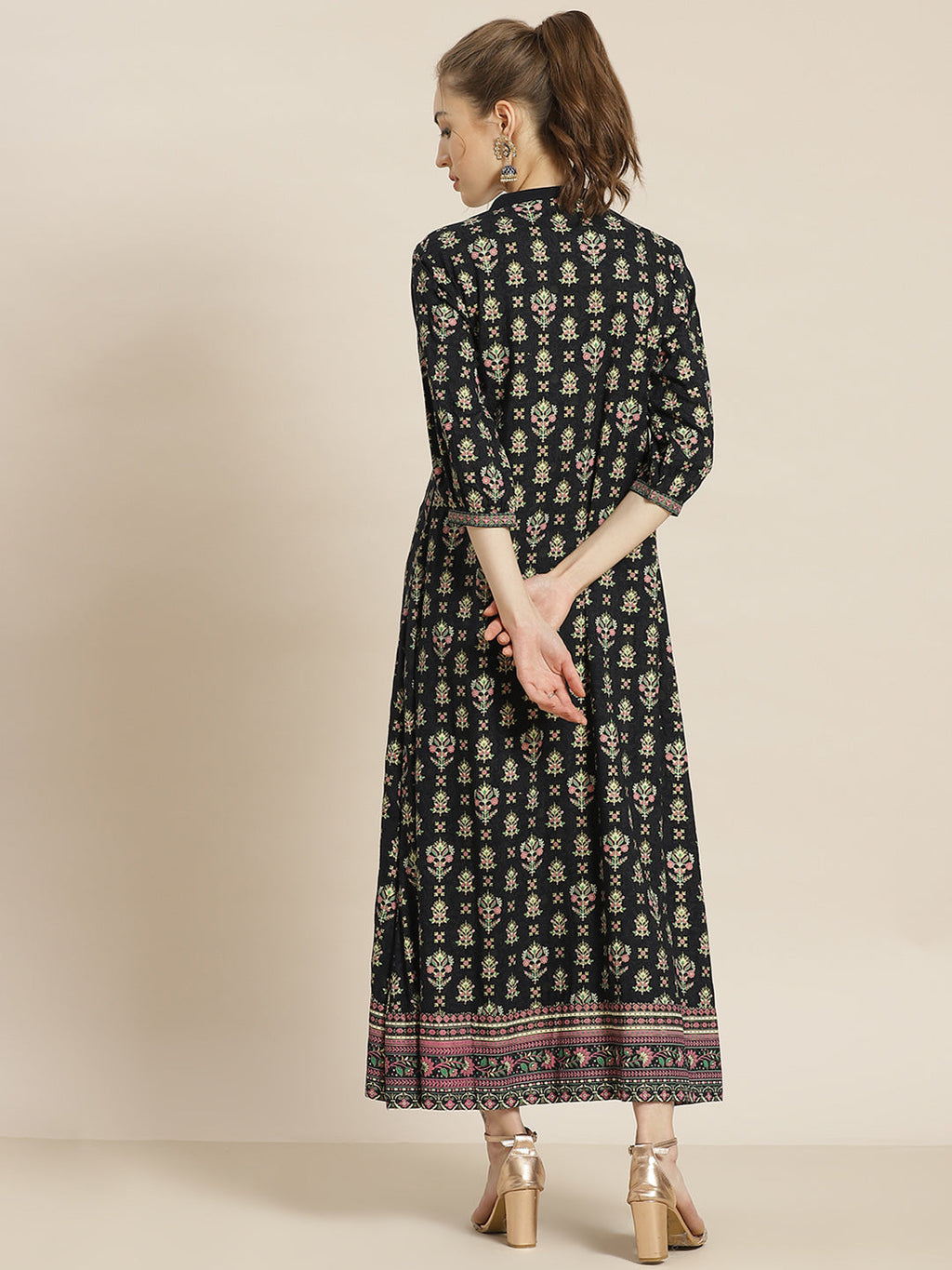 Juniper Womens Dark Blue Rayon Foil Printed Maxi Dress With Puff Sleeves And Button Closure | Grocsy