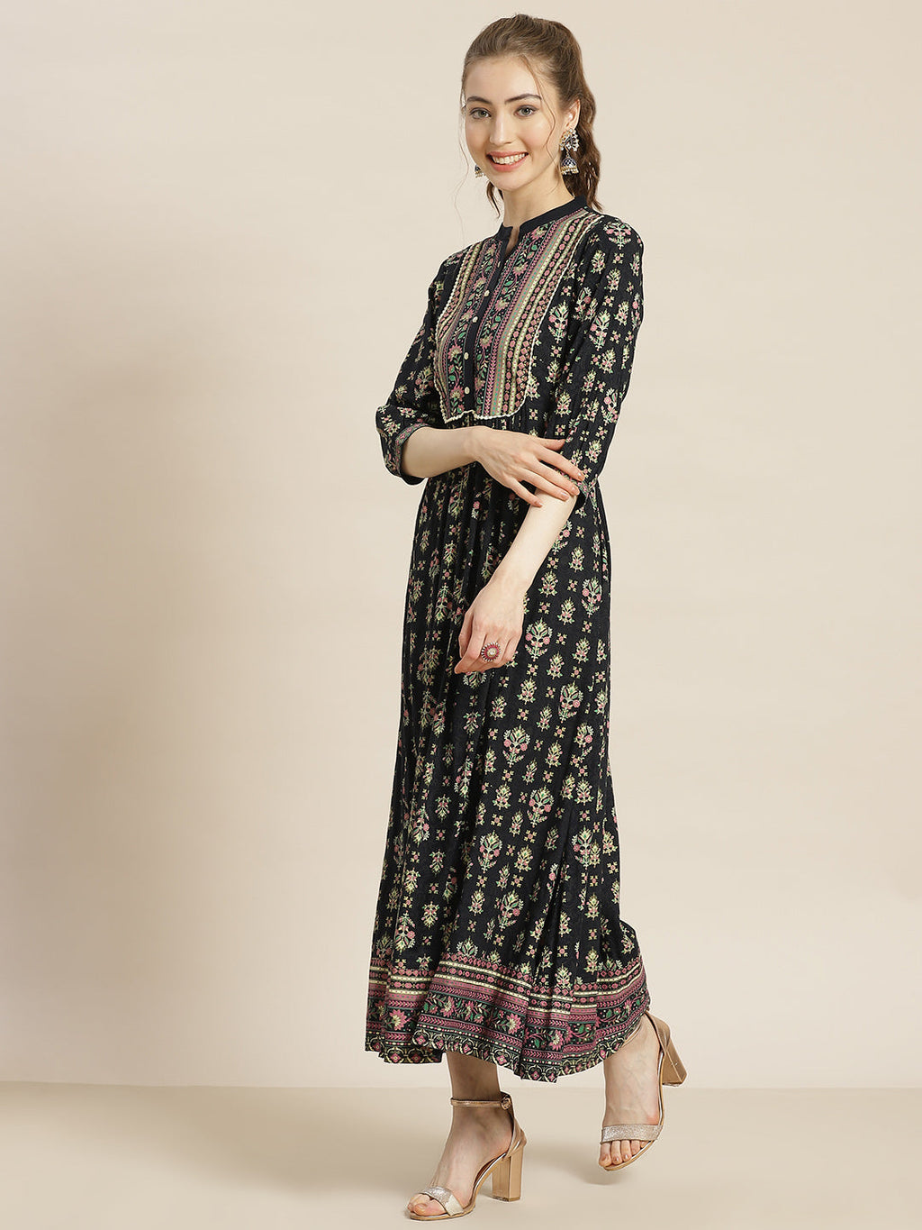 Juniper Womens Dark Blue Rayon Foil Printed Maxi Dress With Puff Sleeves And Button Closure | Grocsy