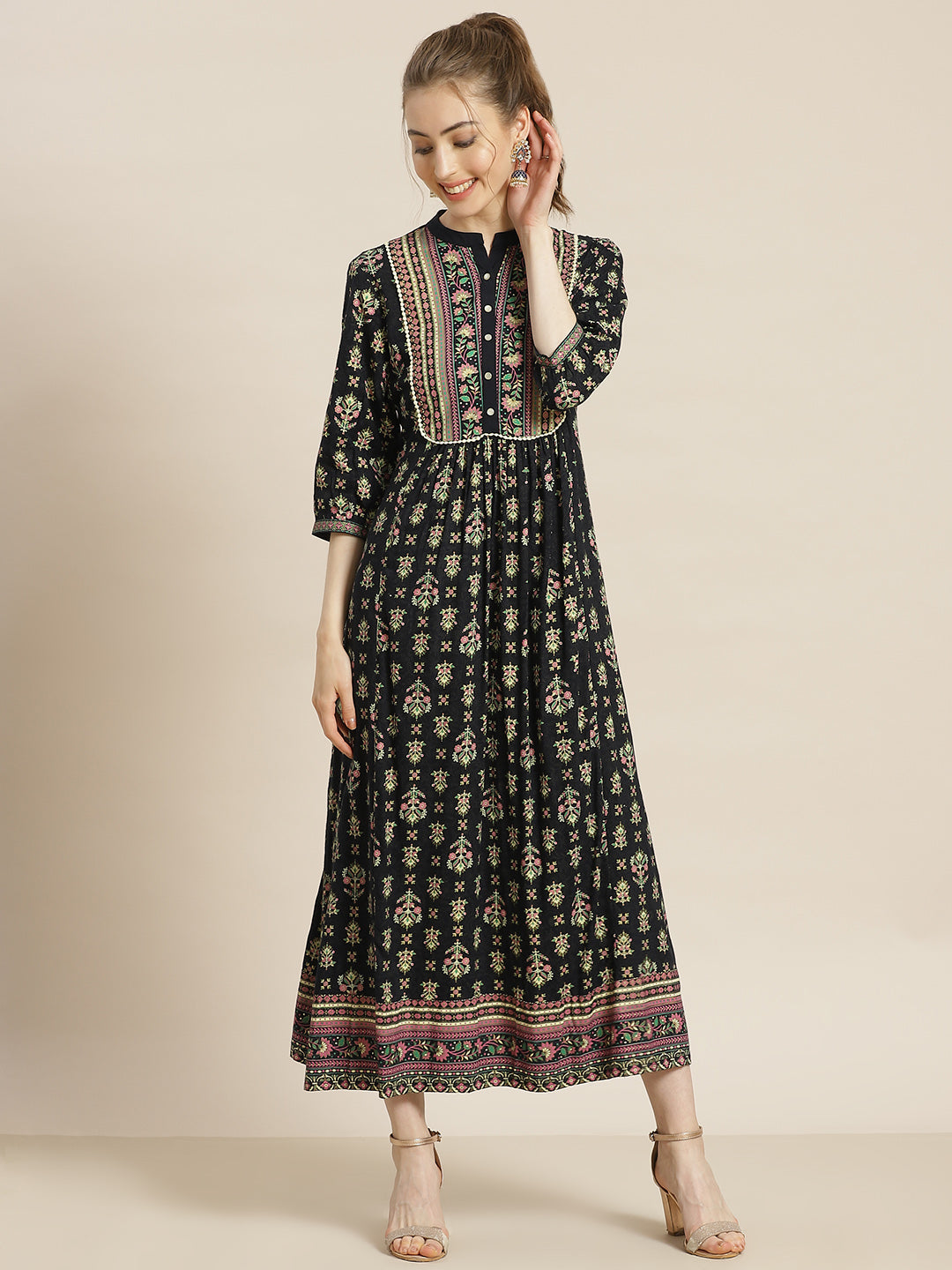 Juniper Womens Dark Blue Rayon Foil Printed Maxi Dress With Puff Sleeves And Button Closure | Grocsy