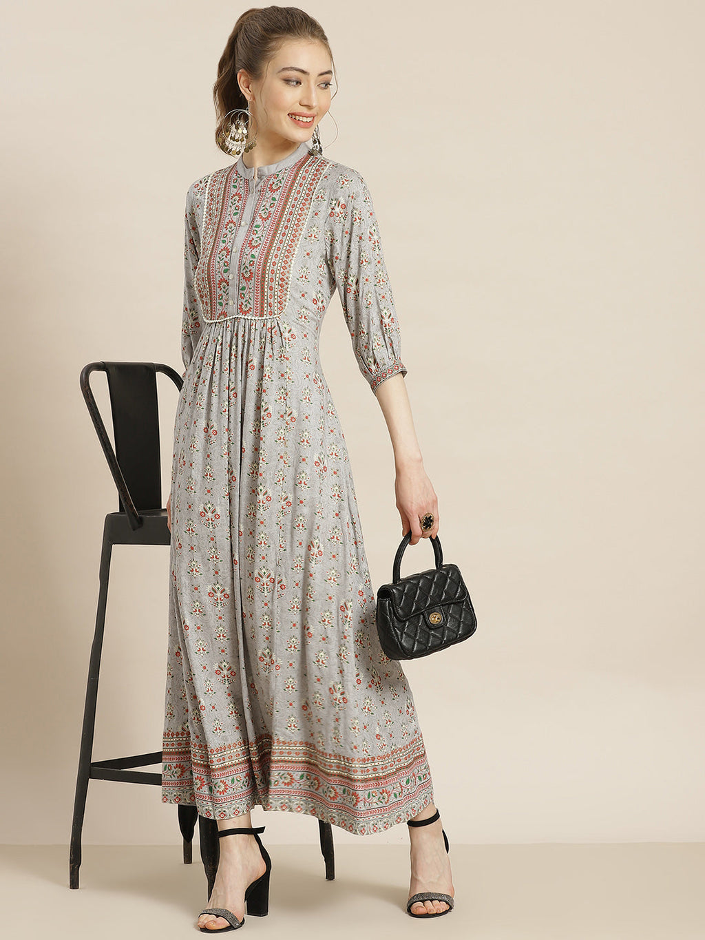 Juniper Womens Grey Rayon Foil Printed Maxi Dress With Puff Sleeves And Button Closure | Grocsy
