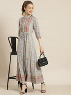 Juniper Womens Grey Rayon Foil Printed Maxi Dress With Puff Sleeves And Button Closure | Grocsy