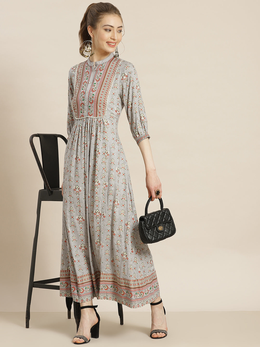 Juniper Womens Grey Rayon Foil Printed Maxi Dress With Puff Sleeves And Button Closure | Grocsy