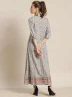 Juniper Womens Grey Rayon Foil Printed Maxi Dress With Puff Sleeves And Button Closure | Grocsy
