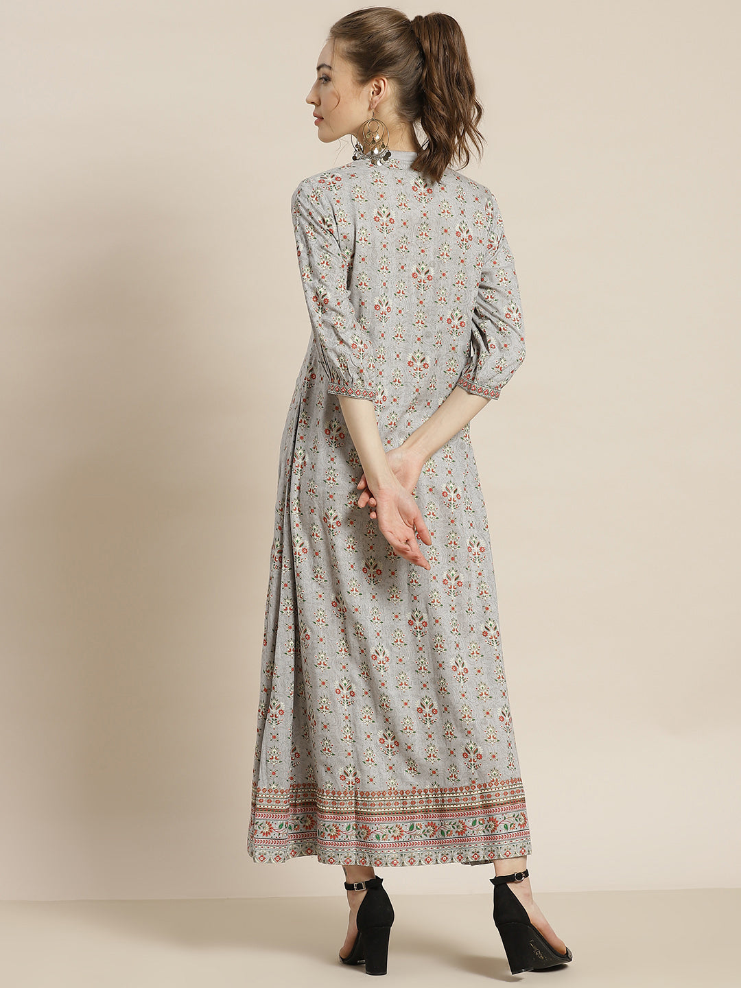 Juniper Womens Grey Rayon Foil Printed Maxi Dress With Puff Sleeves And Button Closure | Grocsy