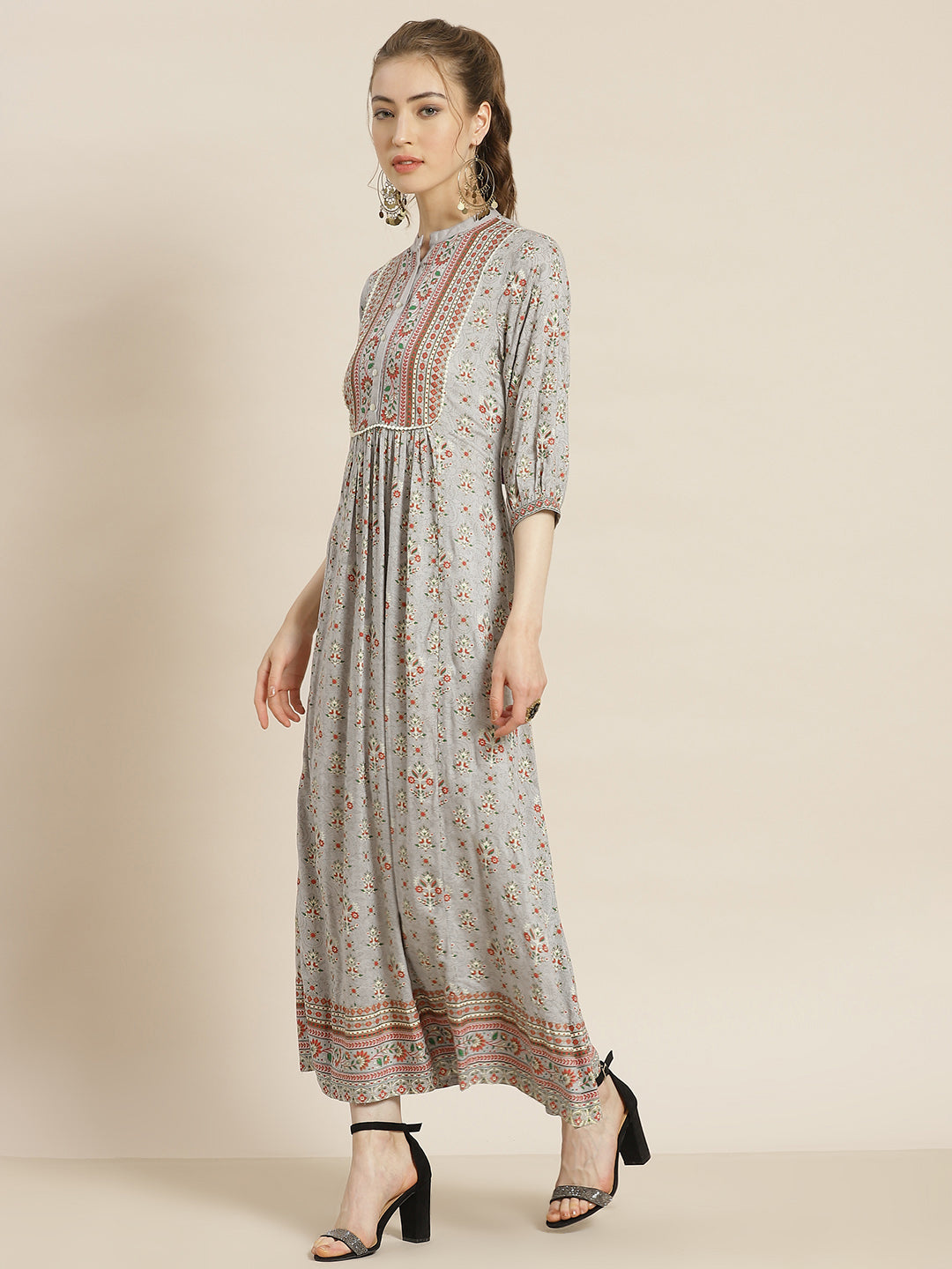 Juniper Womens Grey Rayon Foil Printed Maxi Dress With Puff Sleeves And Button Closure | Grocsy