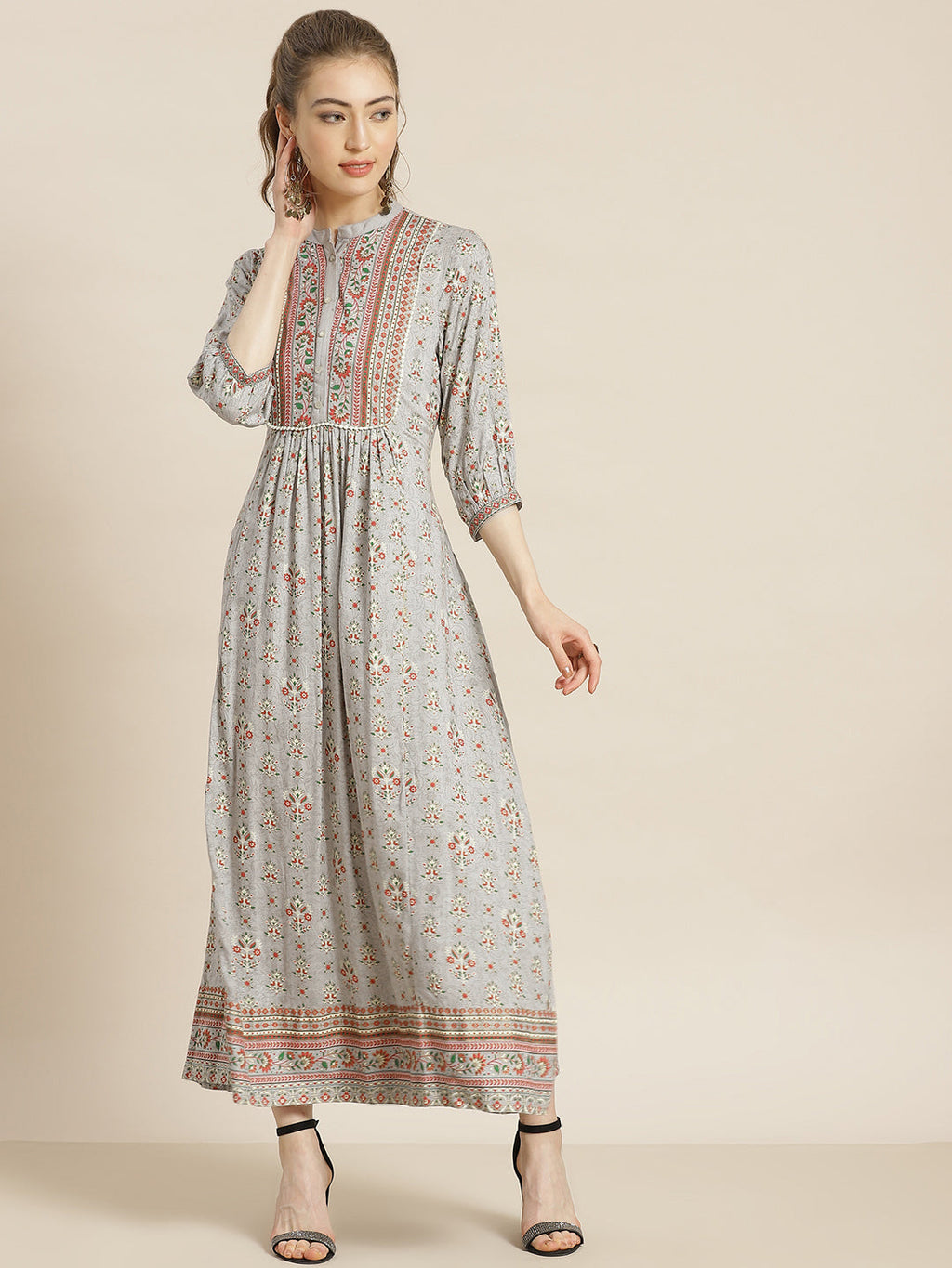 Juniper Womens Grey Rayon Foil Printed Maxi Dress With Puff Sleeves And Button Closure | Grocsy