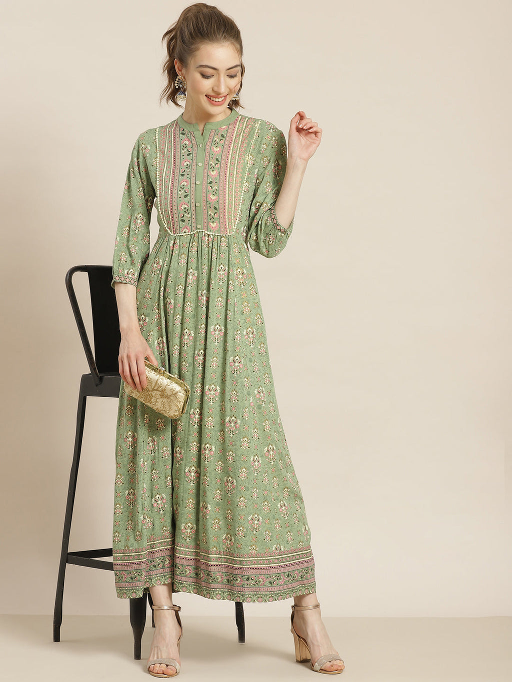 Juniper Womens Pistagreen Rayon Foil Printed Maxi Dress With Puff Sleeves And Button Closure | Grocsy