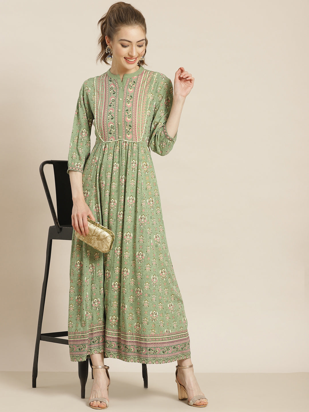 Juniper Womens Pistagreen Rayon Foil Printed Maxi Dress With Puff Sleeves And Button Closure | Grocsy