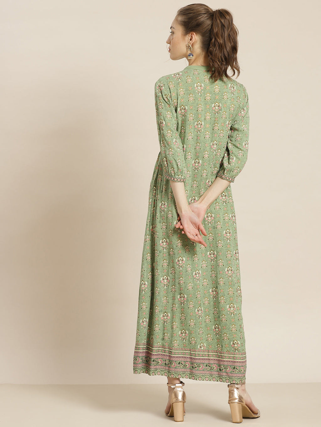 Juniper Womens Pistagreen Rayon Foil Printed Maxi Dress With Puff Sleeves And Button Closure | Grocsy