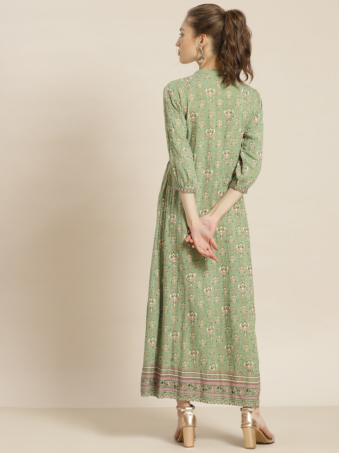 Juniper Womens Pistagreen Rayon Foil Printed Maxi Dress With Puff Sleeves And Button Closure | Grocsy