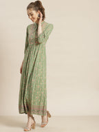 Juniper Womens Pistagreen Rayon Foil Printed Maxi Dress With Puff Sleeves And Button Closure | Grocsy