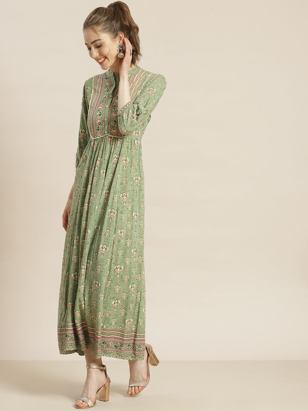 Juniper Womens Pistagreen Rayon Foil Printed Maxi Dress With Puff Sleeves And Button Closure | Grocsy