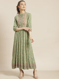 Juniper Womens Pistagreen Rayon Foil Printed Maxi Dress With Puff Sleeves And Button Closure | Grocsy