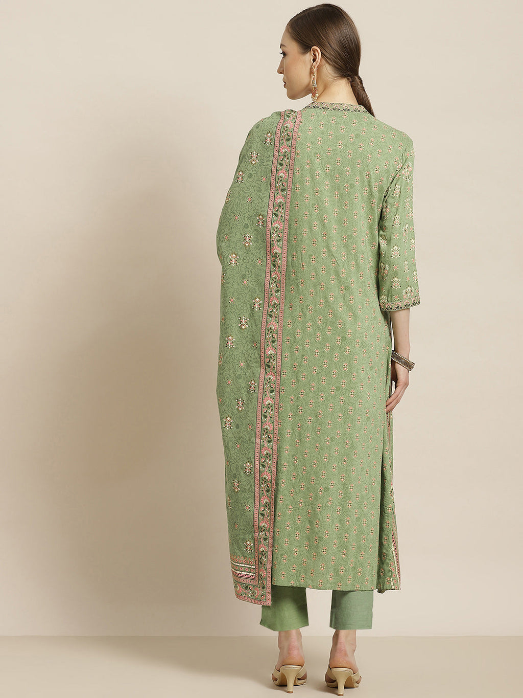 Juniper Womens Pistagreen Foil Printed Kurta Dress With Solid Pant And Printed Dupatta | Grocsy