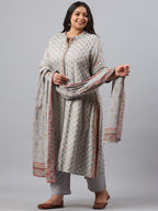 Juniper Women`s Grey Rayon Daily Wear Printed A-line Kurta Sets | Grocsy