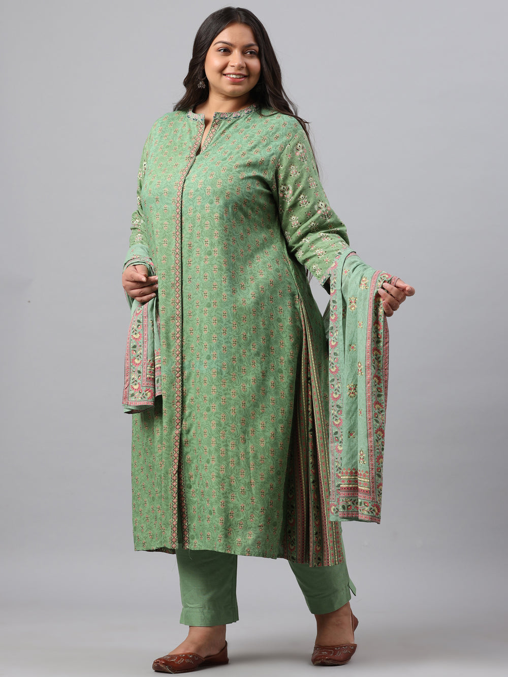 Juniper Women`s Pista Green Rayon Daily Wear Printed A-line Kurta Sets | Grocsy