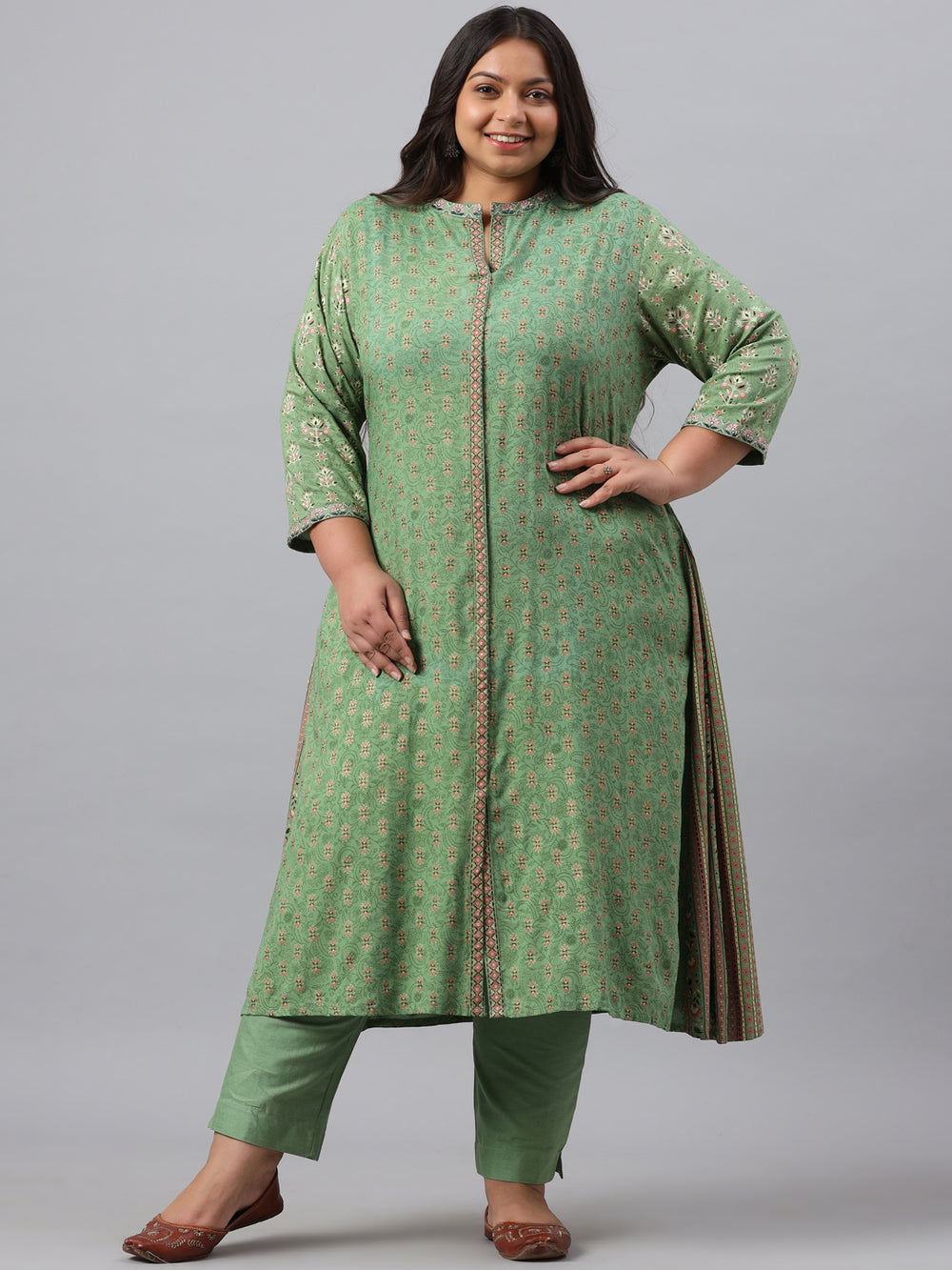 Juniper Women`s Pista Green Rayon Daily Wear Printed A-line Kurta Sets | Grocsy