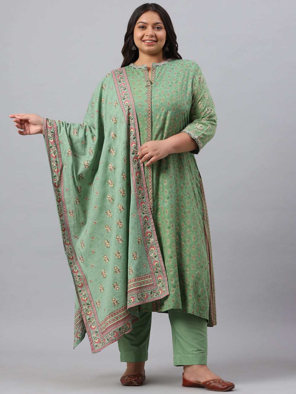 Juniper Women`s Pista Green Rayon Daily Wear Printed A-line Kurta Sets | Grocsy