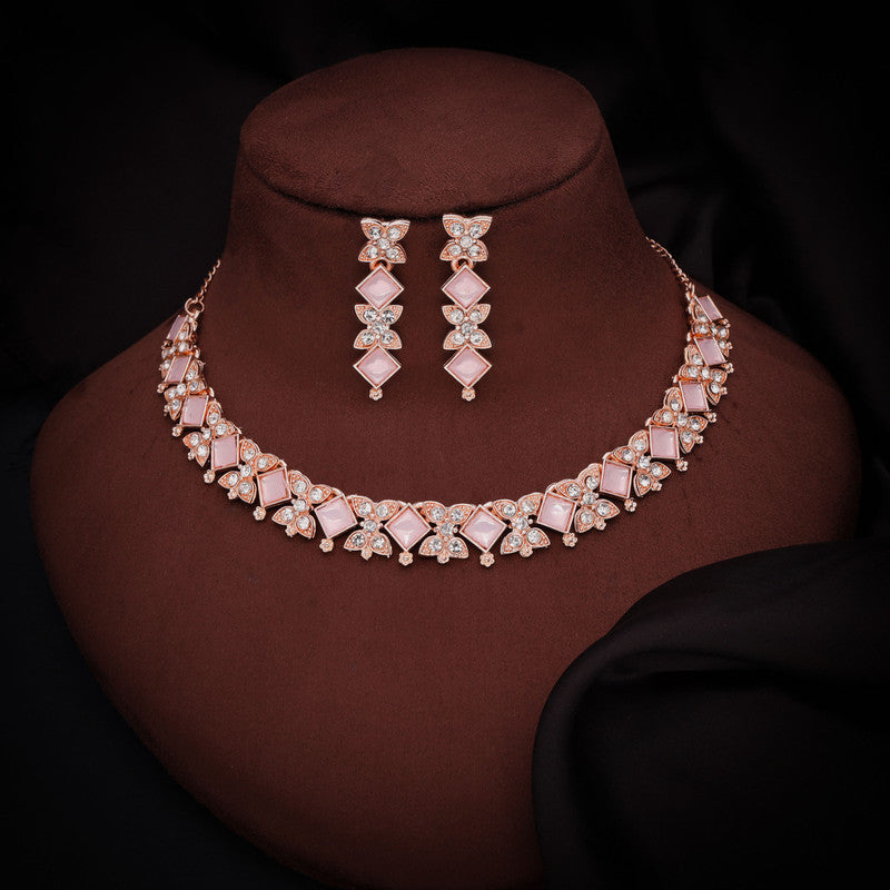 Tehzeeb Creations Rose Gold-Polished Baby Pink Choker Necklace With Dangle Earrings | Grocsy