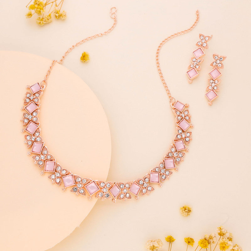 Tehzeeb Creations Rose Gold-Polished Baby Pink Choker Necklace With Dangle Earrings | Grocsy