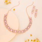 Tehzeeb Creations Rose Gold-Polished Baby Pink Choker Necklace With Dangle Earrings | Grocsy