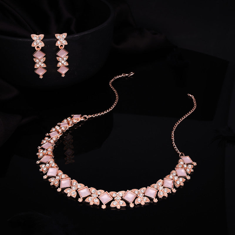 Tehzeeb Creations Rose Gold-Polished Baby Pink Choker Necklace With Dangle Earrings | Grocsy