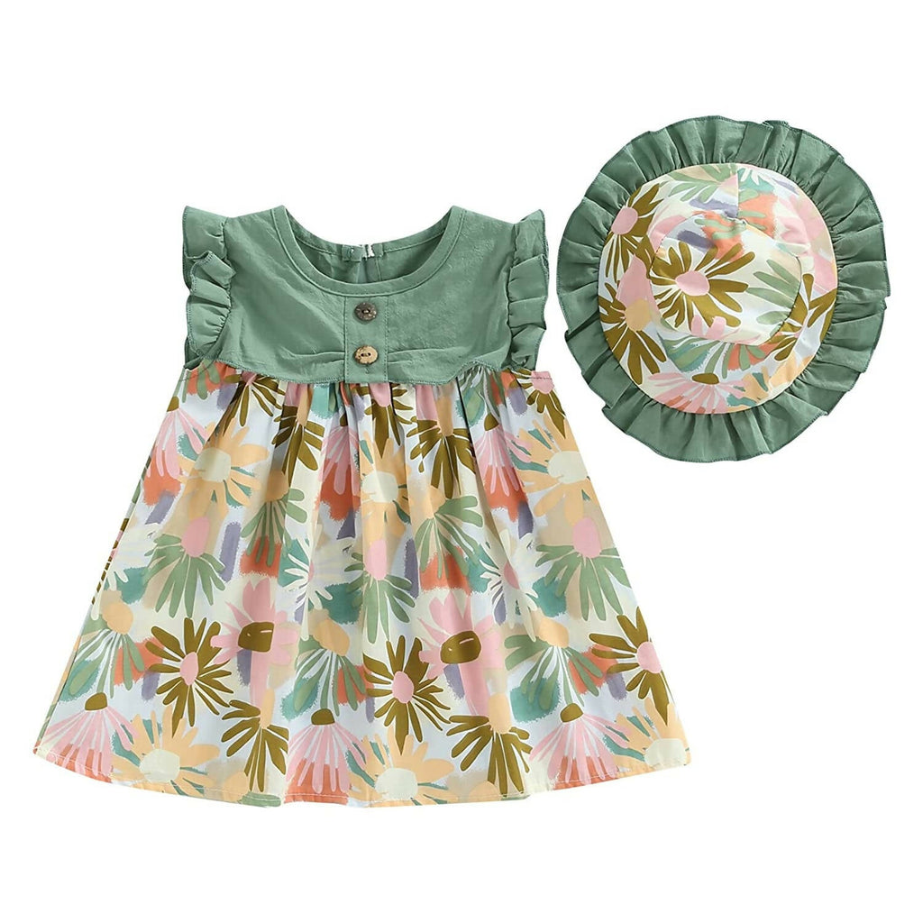Bold N Elegant Cotton Floral Printed Ruffle Sleeve Princess Dress Frock With Fabric Hat Cap - Green | Grocsy