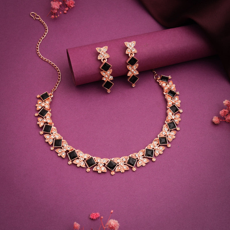 Tehzeeb Creations Rose Gold-Polished Black Choker Necklace With Dangle Earrings - Swadesiicart