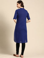 Sangria Women Solid Mandarin Collar Pure Cotton Indigo Kurta | Grocsy