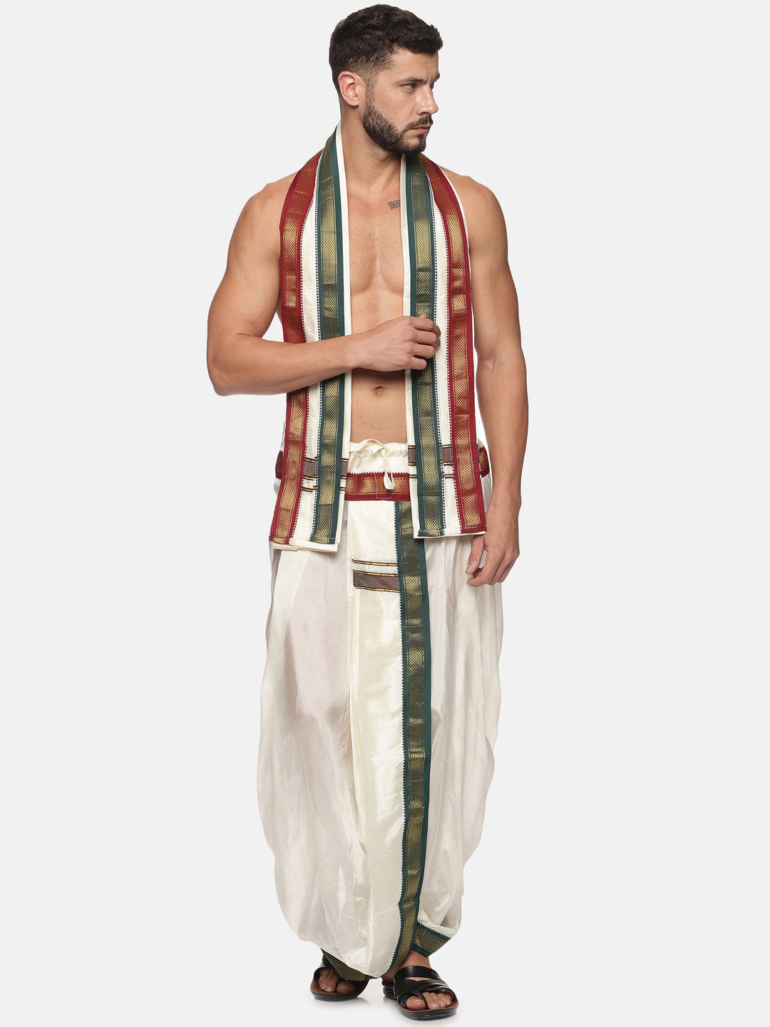 Sethukrishna Men Cream Coloured Solid Dhoti Pant With Angavastram | Grocsy