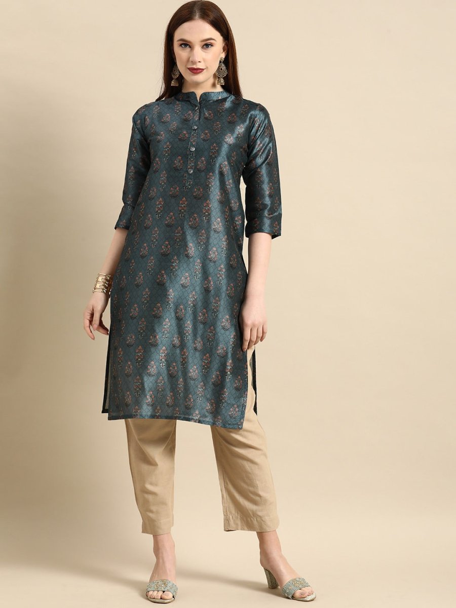 All About You Women Teal Blue Floral Block Print Mandarin Collar Chanderi Silk Blend Kurta | Grocsy