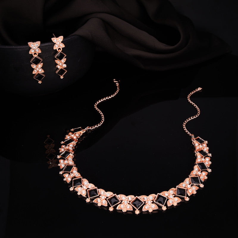Tehzeeb Creations Rose Gold-Polished Black Choker Necklace With Dangle Earrings - Swadesiicart