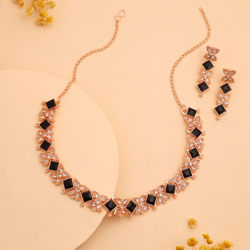 Tehzeeb Creations Rose Gold-Polished Black Choker Necklace With Dangle Earrings - Swadesiicart