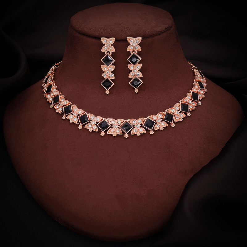 Tehzeeb Creations Rose Gold-Polished Black Choker Necklace With Dangle Earrings - Swadesiicart